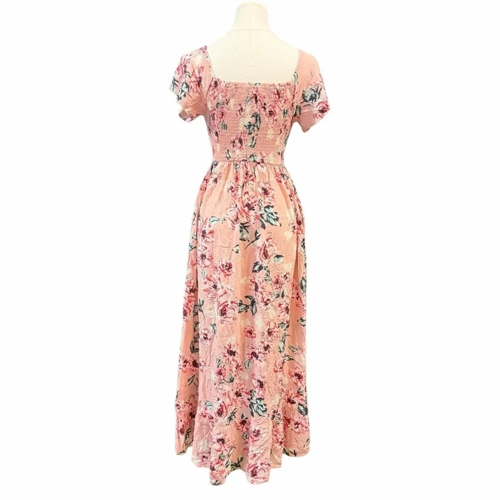 Band of Gypsies Floral Smocked High Low Maxi Dress Pink Small Boho Summer Garden - Picture 4 of 16